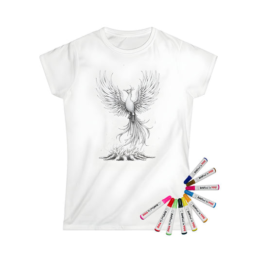 Women's T-shirt featuring a majestic phoenix rising from fiery ashes, rebirth and renewal design