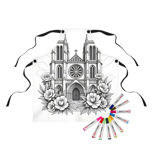 Apron featuring an intricate black-and-white illustration of a gothic cathedral with lush flowers in the foreground, detailed architecture and nature-inspired design