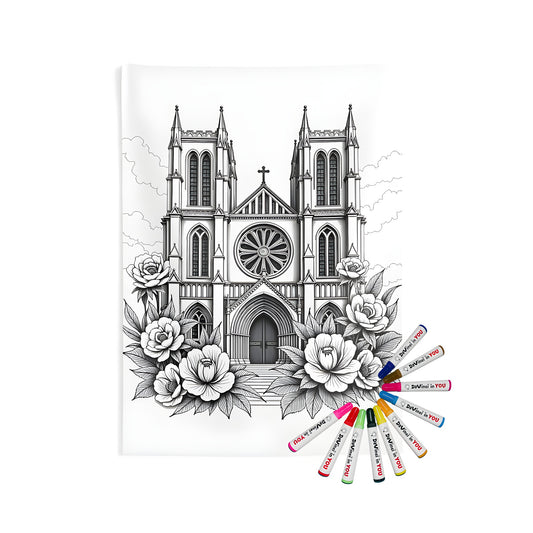 Gothic church wall hanging, indoor tapestry art with floral details, home decor featuring architectural illustrations