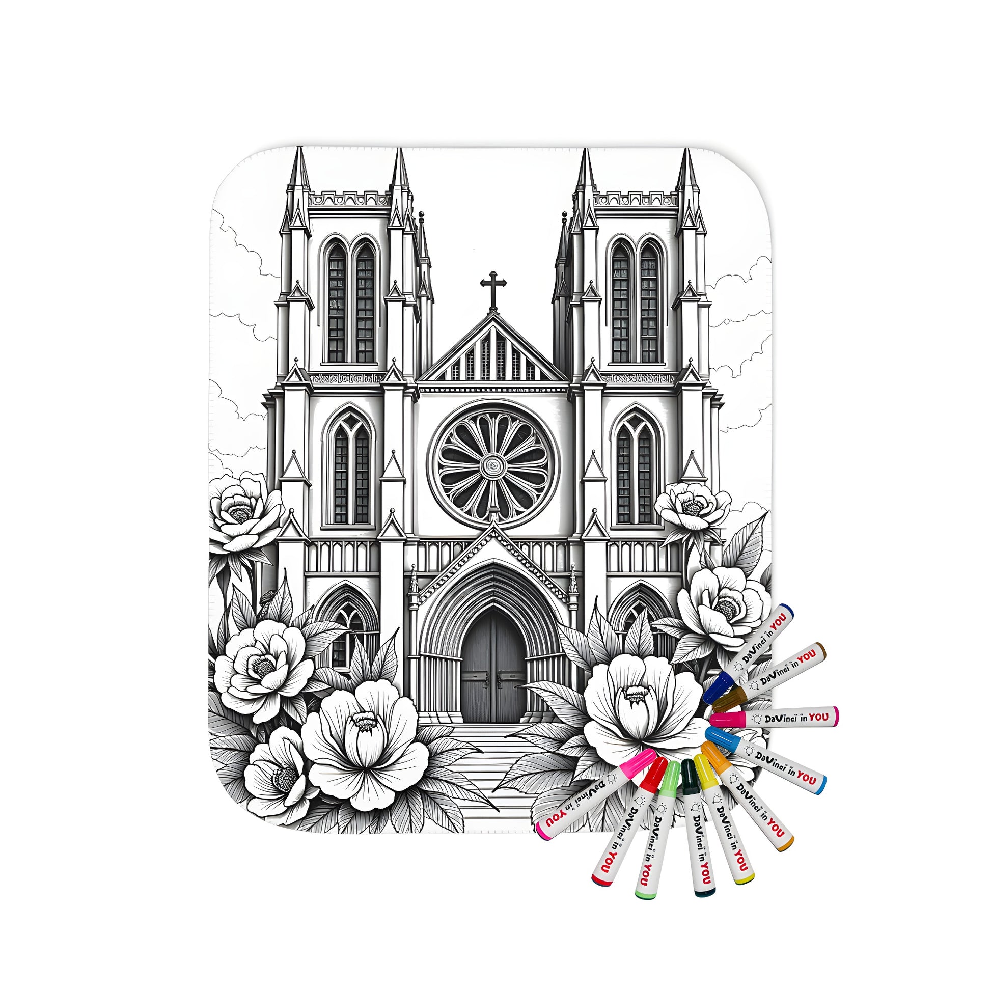 Intricate black-and-white illustration of a gothic chapel or church with lush flowers in the foreground, detailed architecture and nature on a cozy blanket