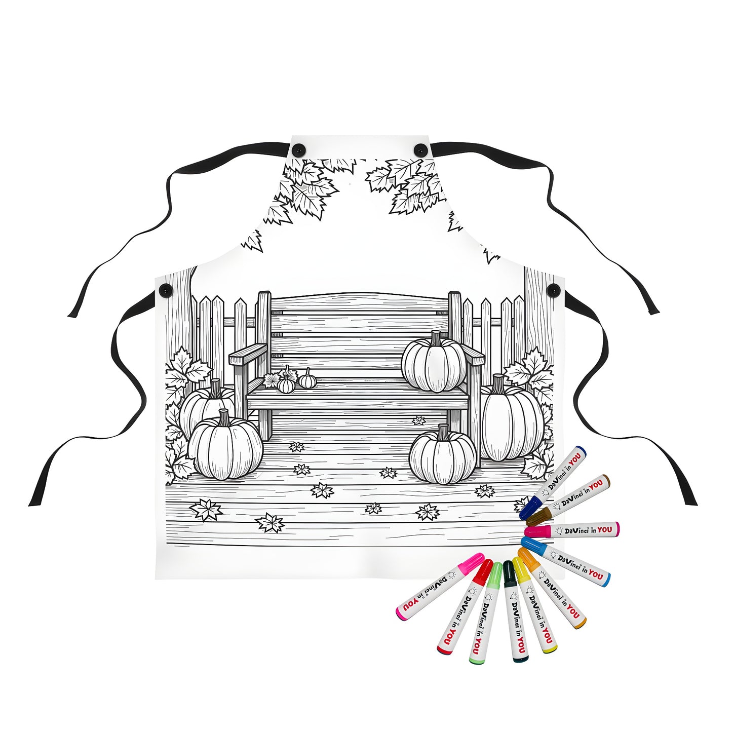 Apron featuring a serene garden scene with wooden bench, pumpkins, fallen leaves, and leafy trees