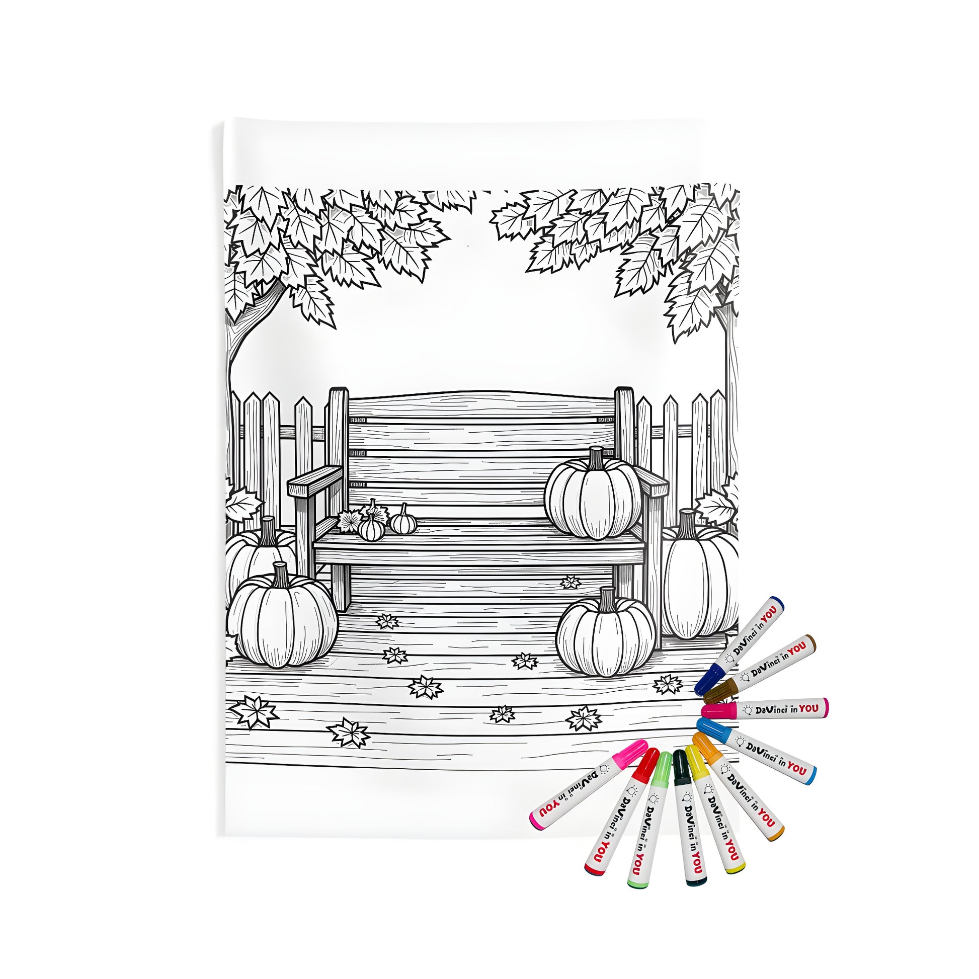 Indoor wall tapestries coloring kit for adults featuring a serene garden scene design with wooden bench, pumpkins, and autumn leaves