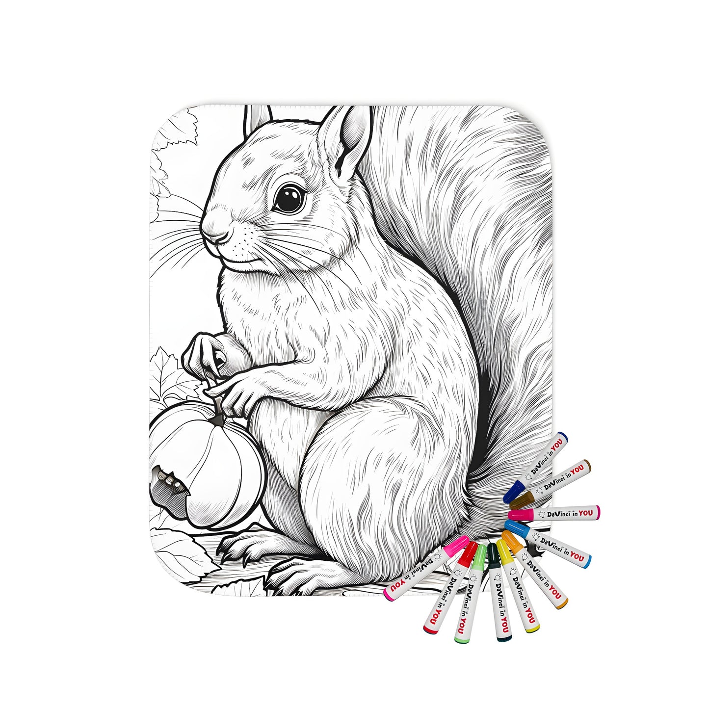 Cozy blanket with an adorable squirrel design featuring a nut-gathering rodent on a branch holding a small pumpkin, surrounded by leaves in a detailed black and white illustration