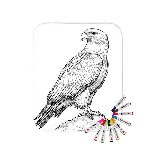 Blanket coloring kit with fabric markers, featuring an eagle perched on a rock design