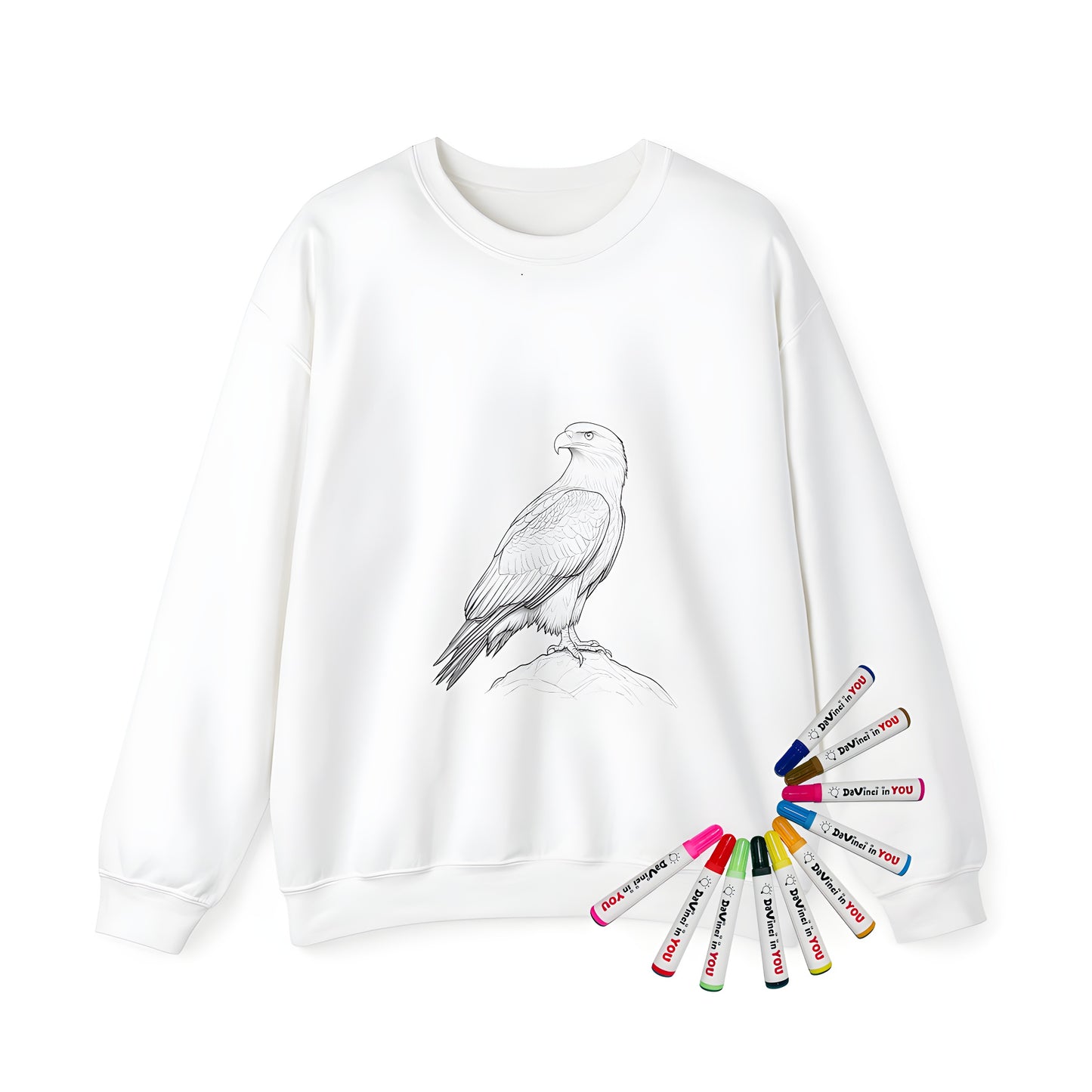 Adult sweatshirt featuring a detailed line drawing of an eagle perched on a rock, showcasing its feathers and strong features.