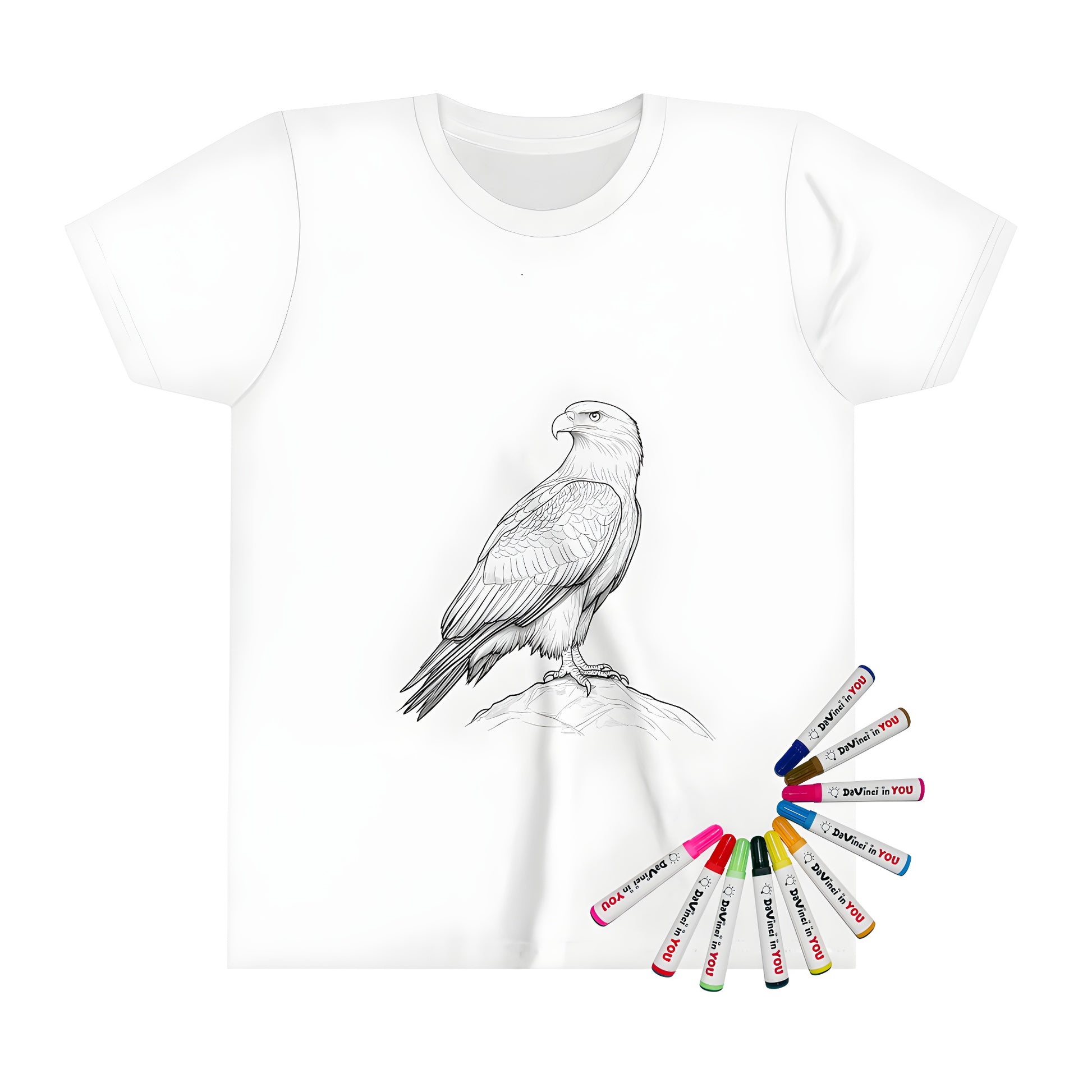 Kids' colorful T-shirt featuring a detailed drawing of an eagle perched on a rock, surrounded by vibrant feathers and strong features. Perfect for kids who love art and wildlife