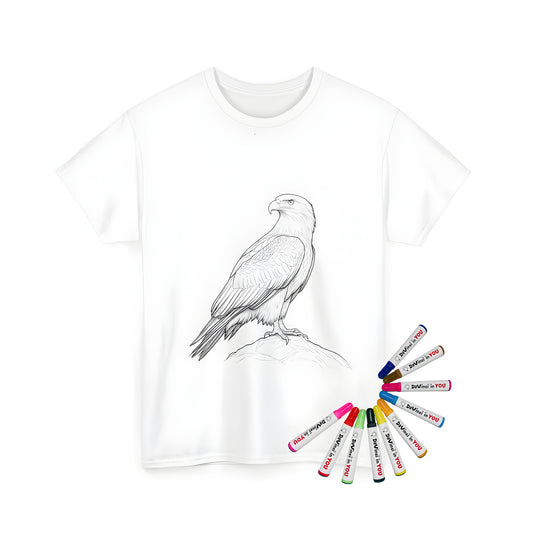 Unisex t-shirt with colorful eagle design, featuring detailed line drawing of bird perched on rock