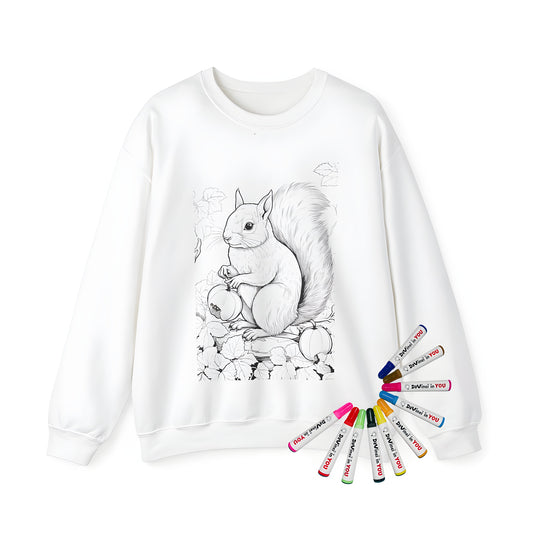 Adult sweatshirt featuring a detailed squirrel design, surrounded by leaves and holding a small pumpkin, made from high-quality fabric markers