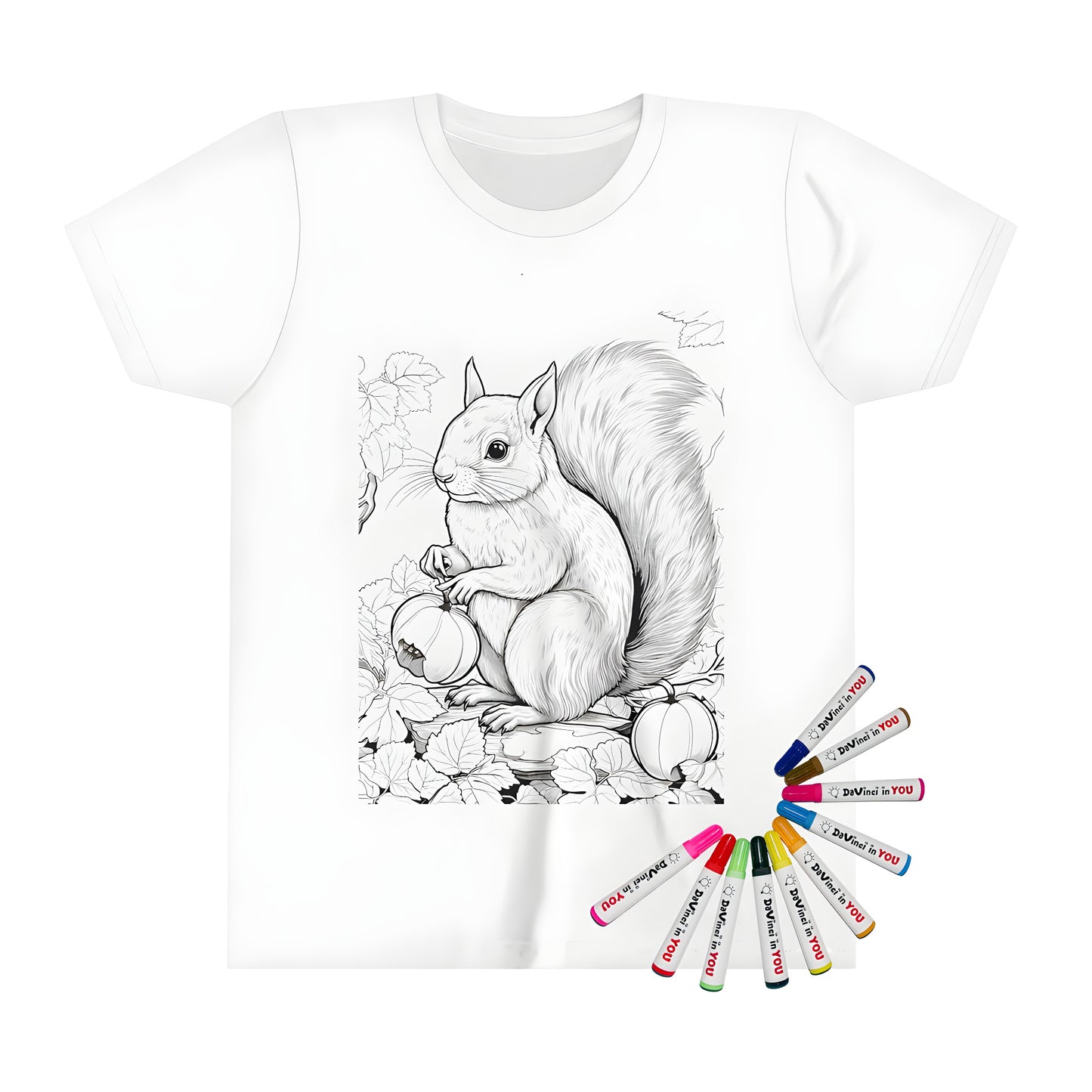 Kids t-shirt featuring an adorable squirrel illustration, perfect for little ones who love nature and animals. A detailed black and white picture of a squirrel sitting on a branch holding a small pumpkin, surrounded by leaves.