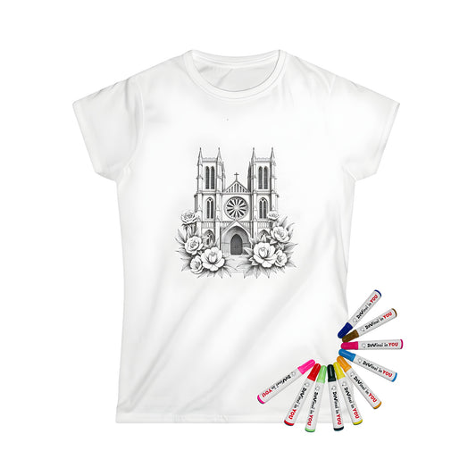 Women's t-shirt with intricate black-and-white gothic church illustration design, featuring detailed architecture and lush flowers