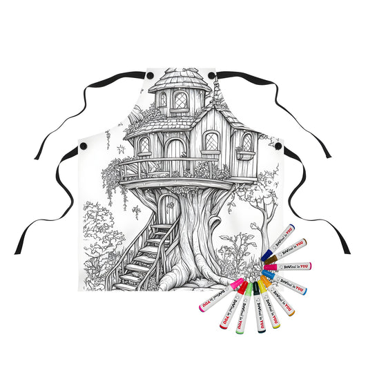 Whimsical Enchanted Treehouse Enamel Printed Apron for Coloring Kit with 10 Fabric Markers