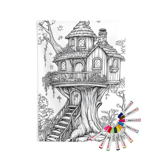 Whimsical treehouse illustration on indoor wall tapestry