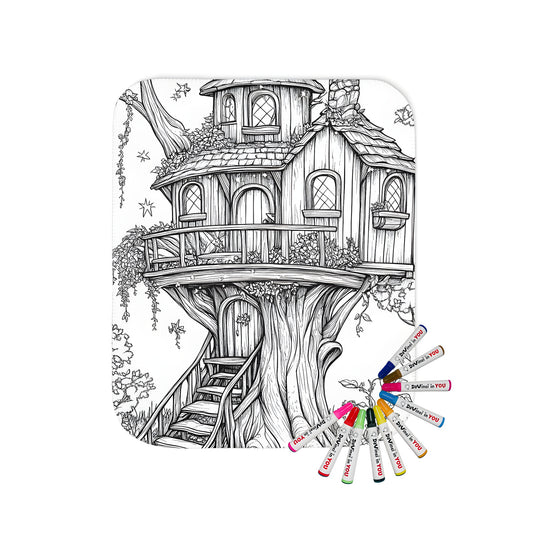 Cozy blanket with whimsical treehouse design featuring a detailed illustration of a fantastical treehouse nestled in a large tree, multiple windows, balcony, and winding staircase.