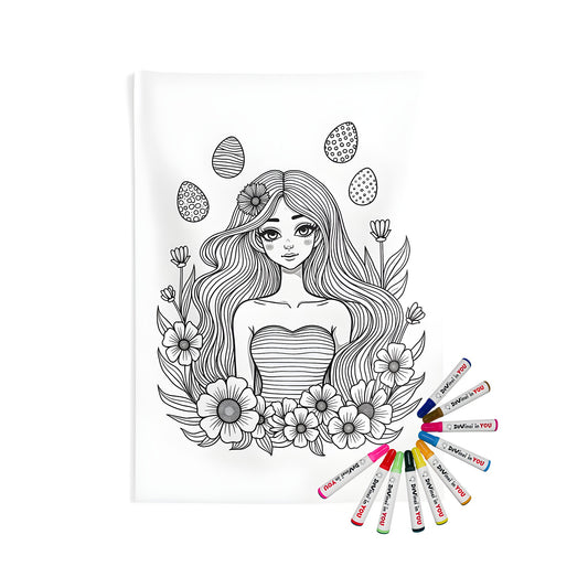 Indoor wall tapestries with flower girl design featuring colorful flowers and Easter eggs