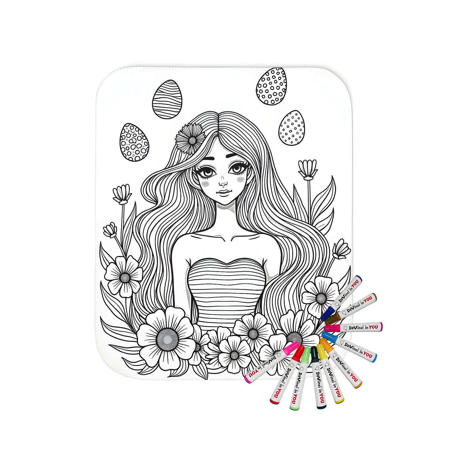 A blanket featuring a colorful girl with flowing hair amidst blooming flowers, adorned with decorative Easter eggs. Soft, vibrant artwork on a cozy fabric.