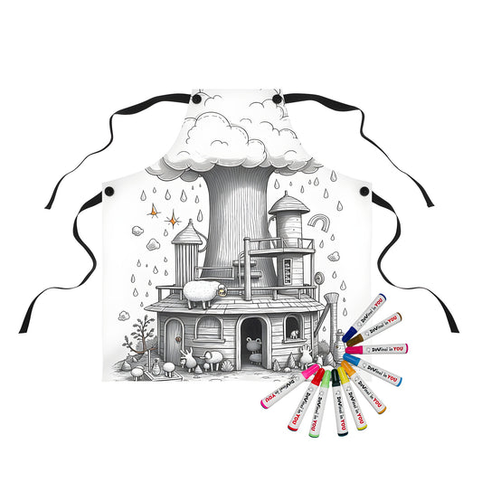 Whimsical treehouse apron with cute cartoon animals and dreamlike clouds design