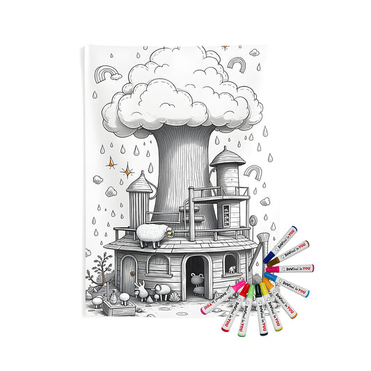 Whimsical treehouse surrounded by cartoon animals and dreamlike clouds. Fantastical cottage decor on an indoor wall tapestry