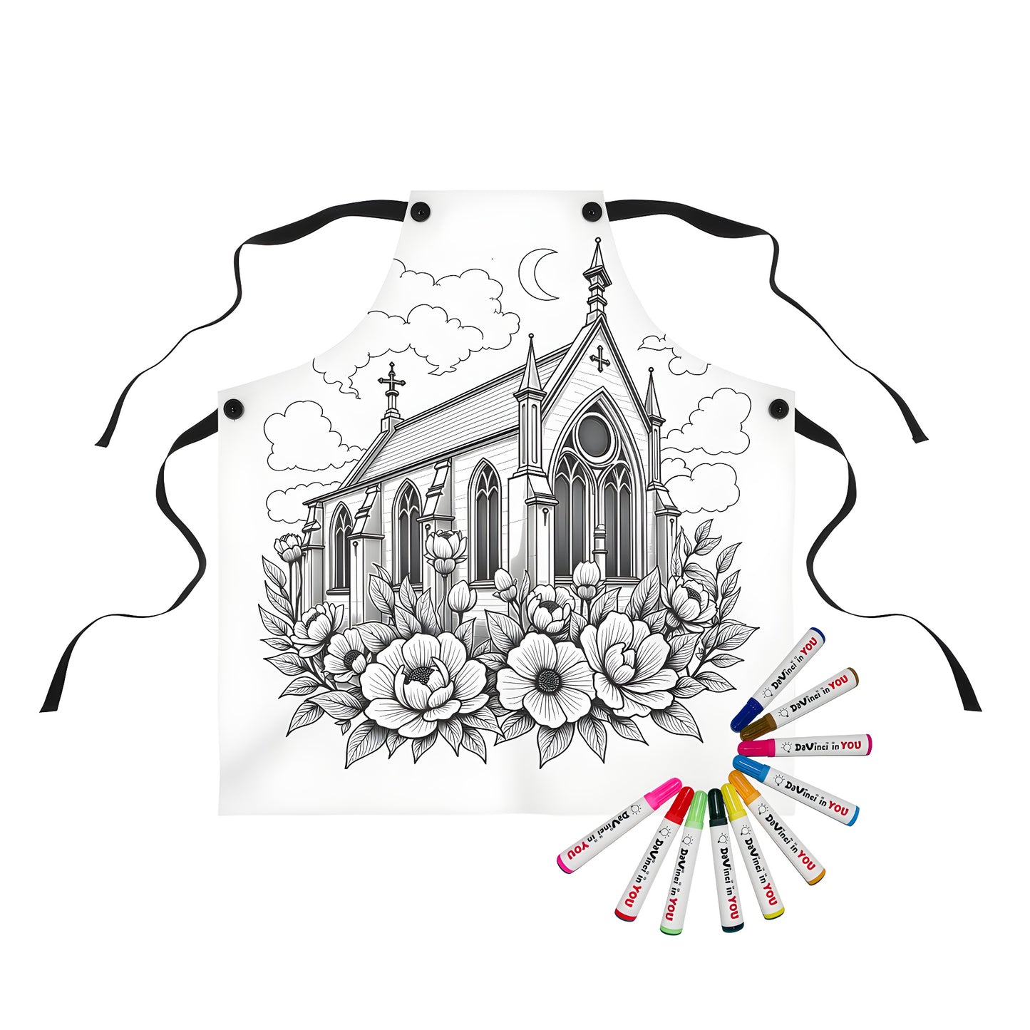 Apron with gothic church design featuring blooming flowers and a crescent moon