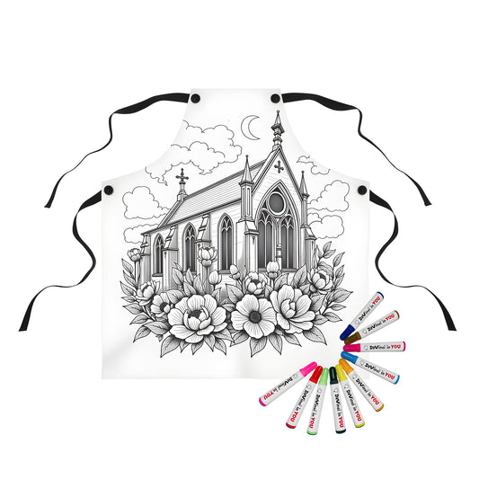 Apron with gothic church design featuring blooming flowers and a crescent moon