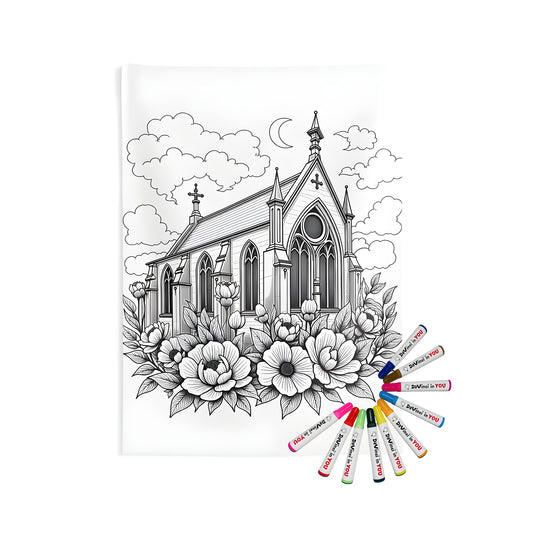 A detailed gothic-style church wall hanging with blooming flowers and soft clouds