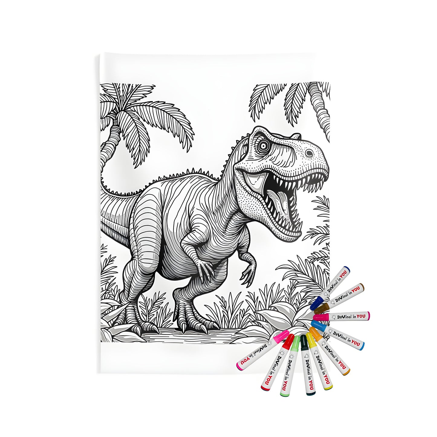 Coloring kit featuring an Indoor Wall Tapestry with a detailed black and white illustration of a dinosaur, specifically a T-Rex, in a jungle landscape with palm trees and lush vegetation.