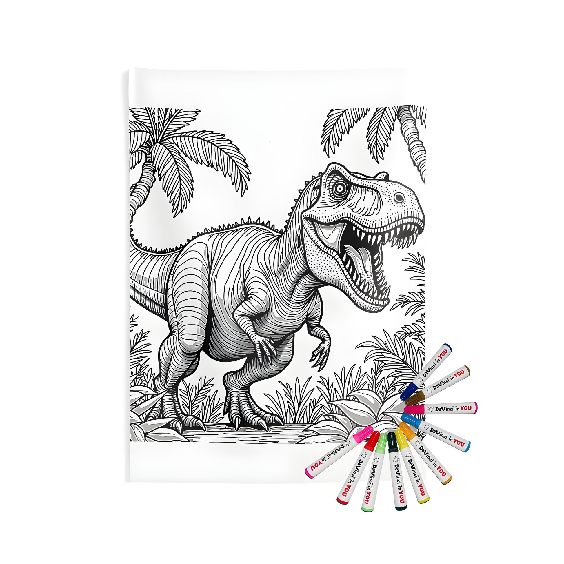 Coloring kit featuring an Indoor Wall Tapestry with a detailed black and white illustration of a dinosaur, specifically a T-Rex, in a jungle landscape with palm trees and lush vegetation.