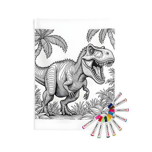 Coloring kit featuring an Indoor Wall Tapestry with a detailed black and white illustration of a dinosaur, specifically a T-Rex, in a jungle landscape with palm trees and lush vegetation.