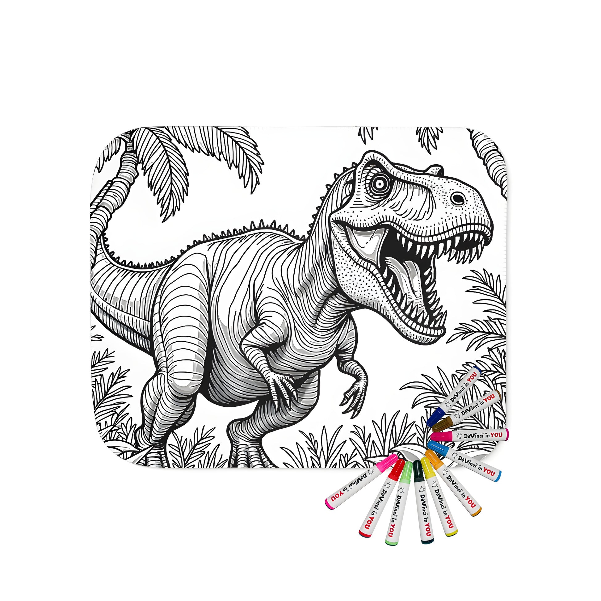 Colourful blanket featuring a detailed illustration of a T-Rex in a jungle setting, with palm trees and lush vegetation