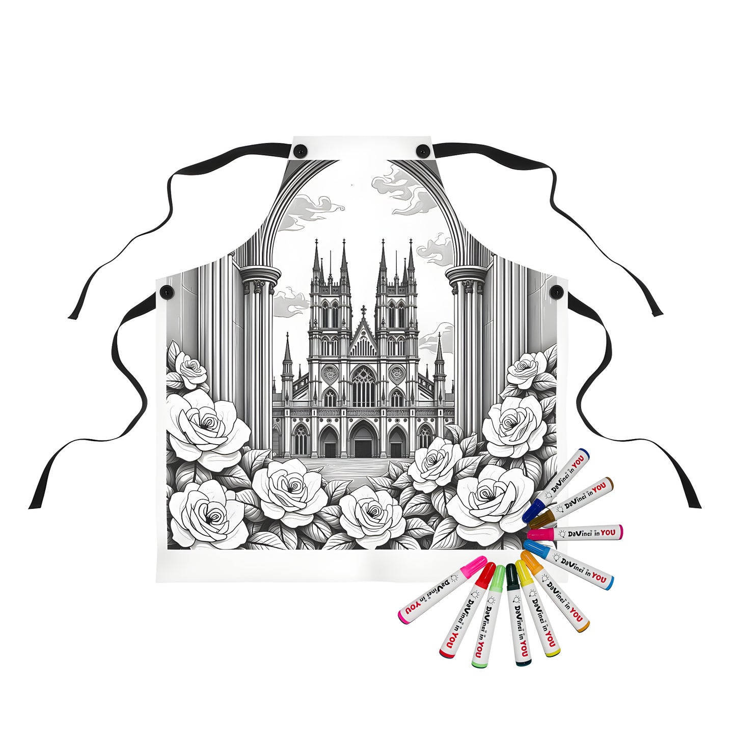 Colorful Gothic cathedral apron design with detailed architecture and blooming flowers, perfect for art enthusiasts and gothic inspired fans