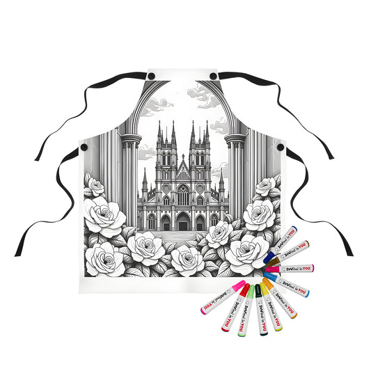 Colorful Gothic cathedral apron design with detailed architecture and blooming flowers, perfect for art enthusiasts and gothic inspired fans