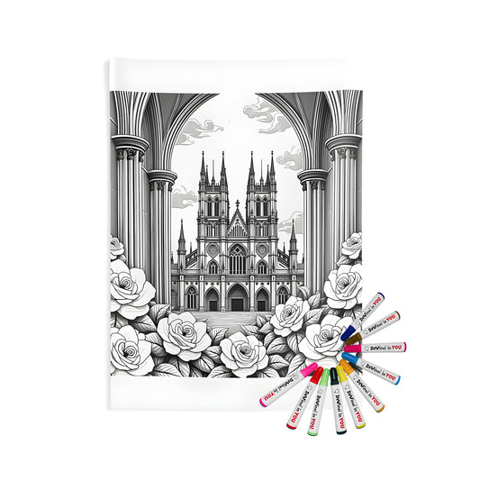 Gothic cathedral wall tapestry, indoor decor, medieval architecture, church art, Christian iconography