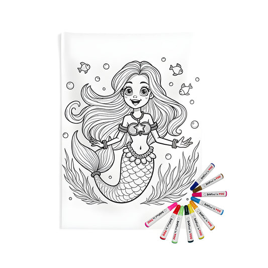 Indoor wall tapestries coloring kit with 10 fabric markers - Mermaid art, Under the sea scene, Oceanic design, Whimsical mermaid tail, Treasure hunting adventure