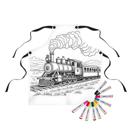 Apron with vintage steam train locomotive design, countryside landscape, mountains and clouds