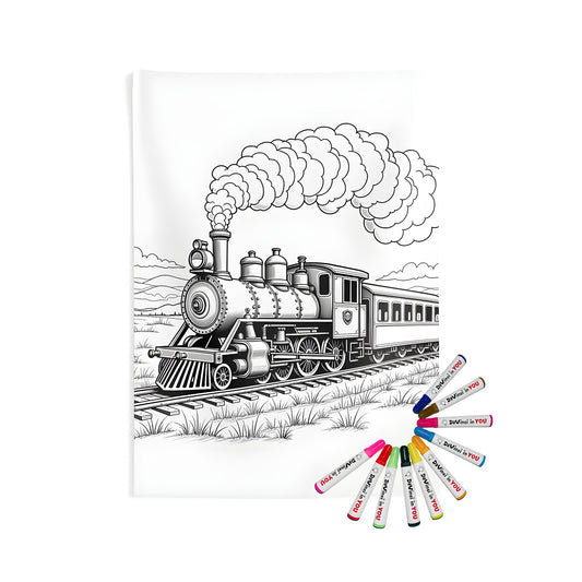 Indoor wall tapestries coloring kit with fabric markers - scenic countryside landscape with steam train and mountains
