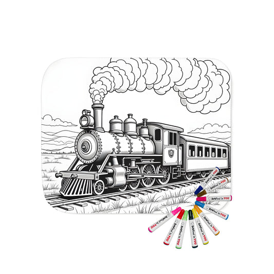 Blanket featuring a detailed illustration of a steam train, locomotive art on soft fabric