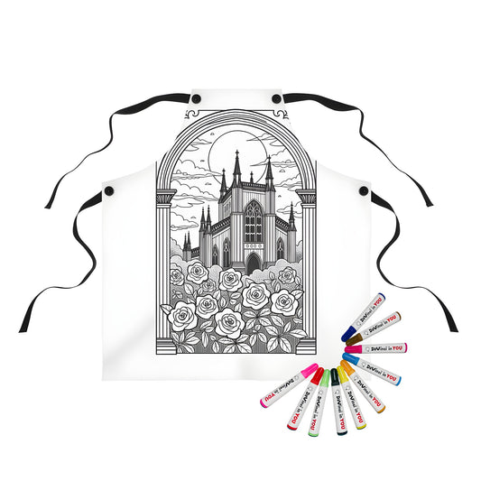 A colorful apron featuring a cathedral design with gothic architecture surrounded by blooming roses and framed by an archway.