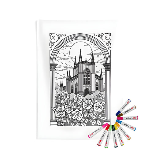 Cathedral tapestry for indoor walls, coloring kit with fabric markers