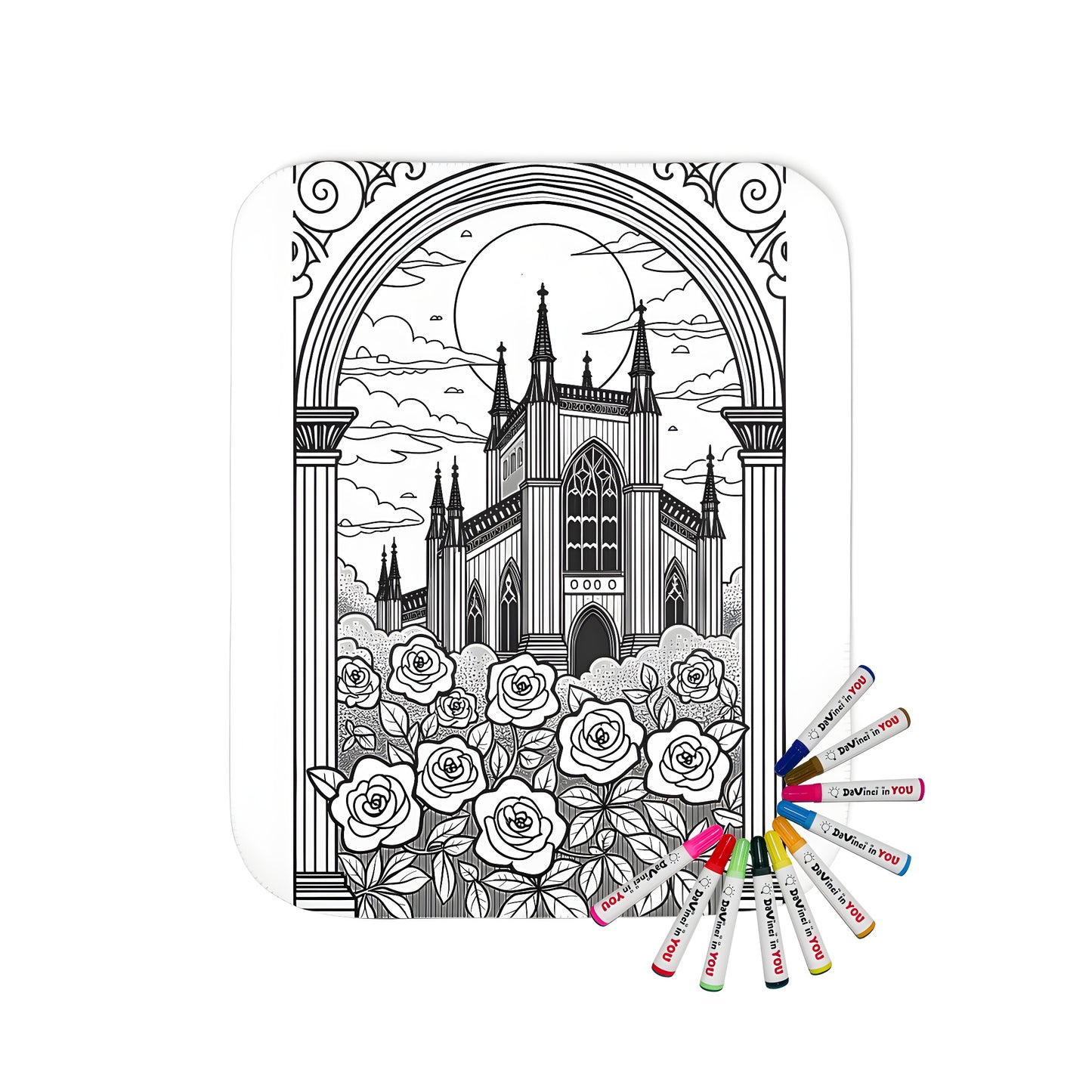 Cathedral blanket art, Gothic church design printed on soft fabric, home decor throw with blooming roses