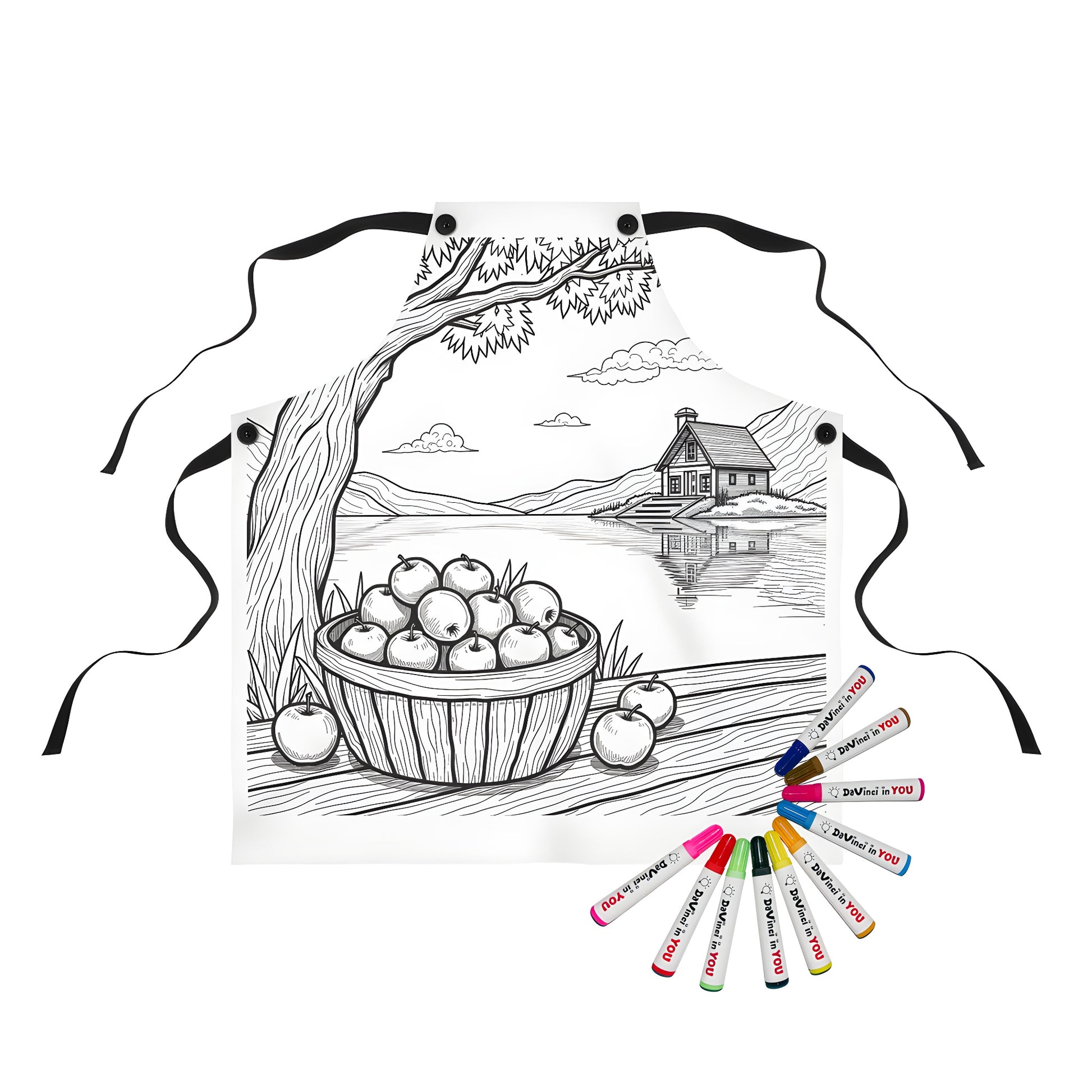 Tranquil countryside scene apron with apple basket, tree, lake, and house