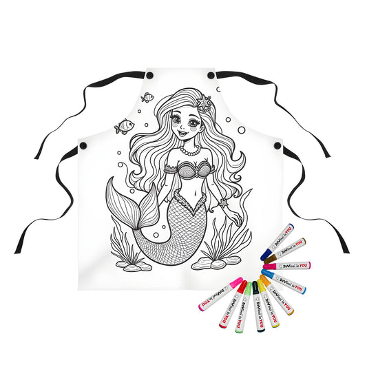 Apron featuring whimsical mermaid art with flowing locks and playful sea creatures