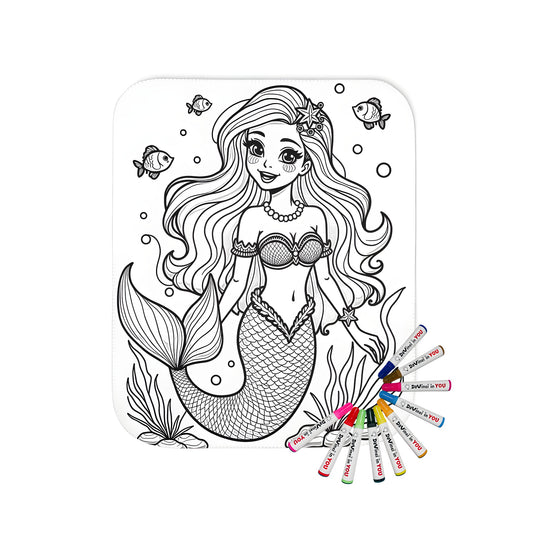 Whimsical mermaid blanket featuring flowing locks and underwater creatures, perfect for coloring enthusiasts