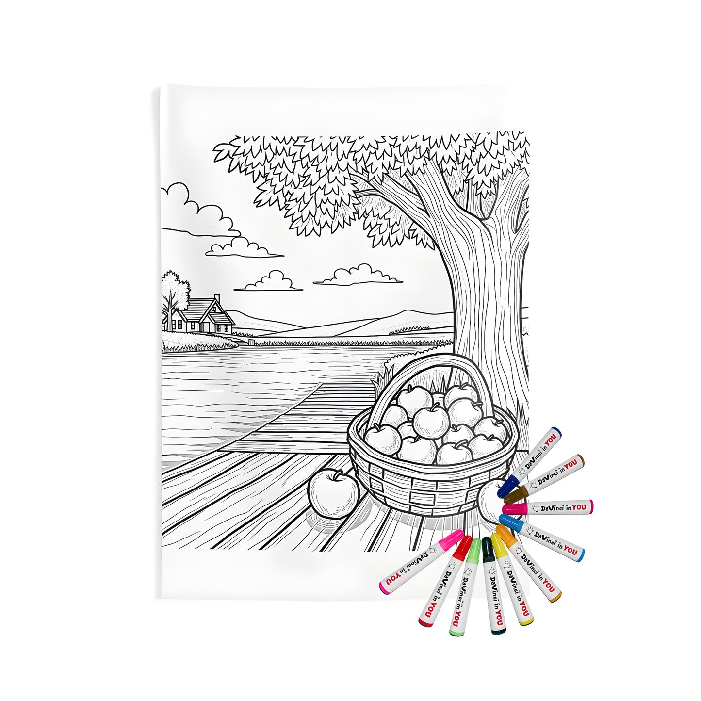 Landscape wall tapestry depicting a basket of apples on a wooden dock, overlooking a serene countryside with a distant river and cottage.