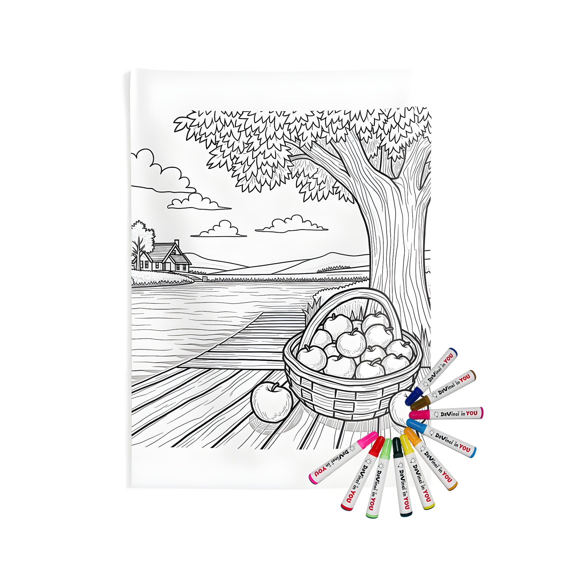 Landscape wall tapestry depicting a basket of apples on a wooden dock, overlooking a serene countryside with a distant river and cottage.