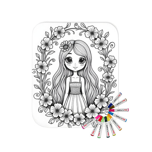 Coloring blanket with beautiful girl illustration and floral patterns