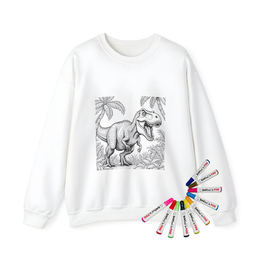 Adult sweatshirt featuring a detailed black and white illustration of a T-Rex in a jungle scene, palm trees, and lush vegetation