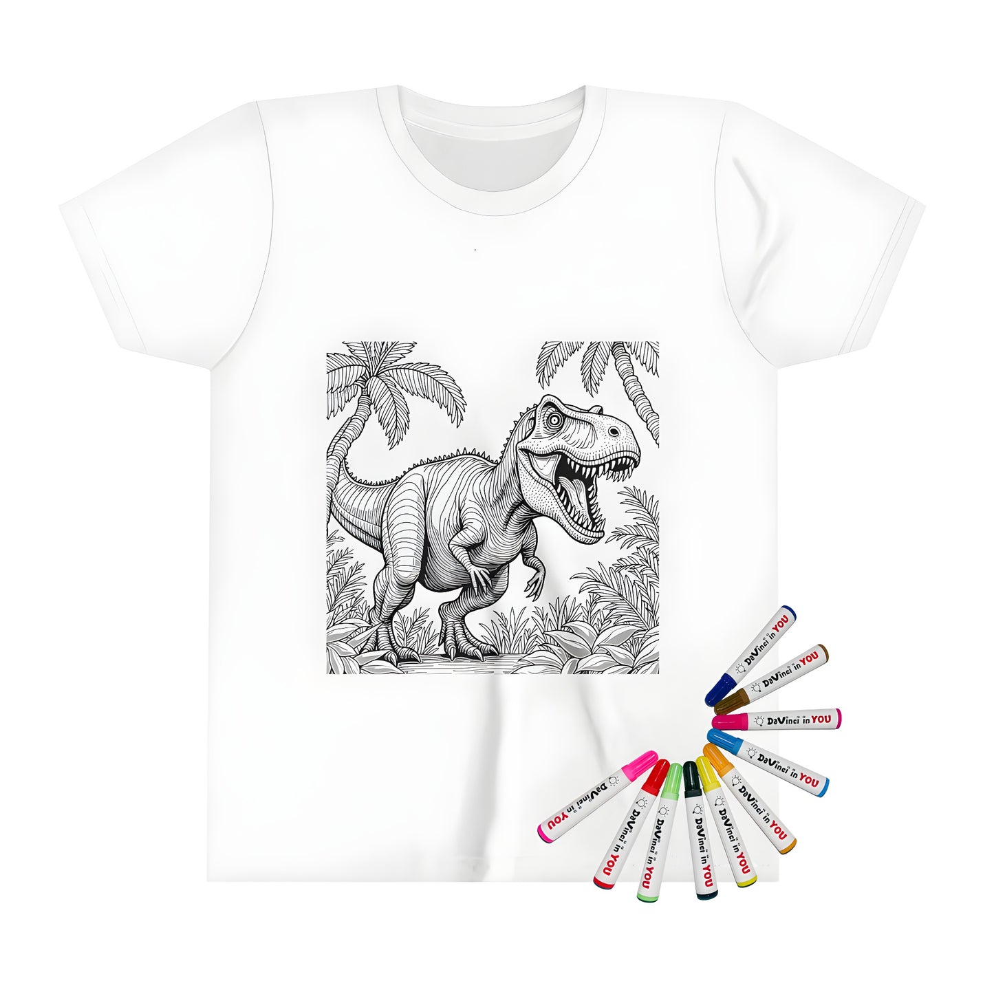 Coloring page design of a kid's t-shirt featuring a detailed illustration of a dinosaur, such as Apatosaurs or Sauroposeidons, in a jungle with palm trees and lush vegetation