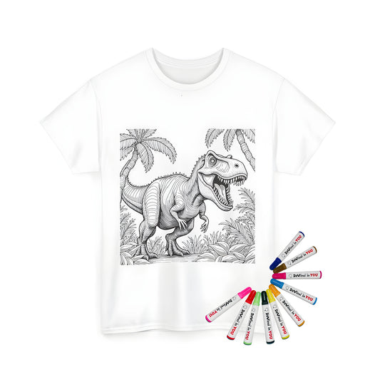 Coloring kit with unisex t-shirt featuring a detailed black and white illustration of a prehistoric dinosaur, a T-Rex, in a jungle environment surrounded by palm trees and lush vegetation