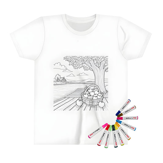 Colorful Kid's t-shirt with countryside scene of apples on dock, tree, river and cottage