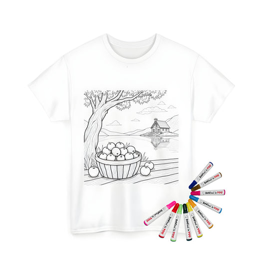 Unisex t-shirt featuring a coloring page design of a serene countryside landscape, including a tranquil scene with a basket of apples on a table, a tree, a peaceful lake, and a charming house in the background.