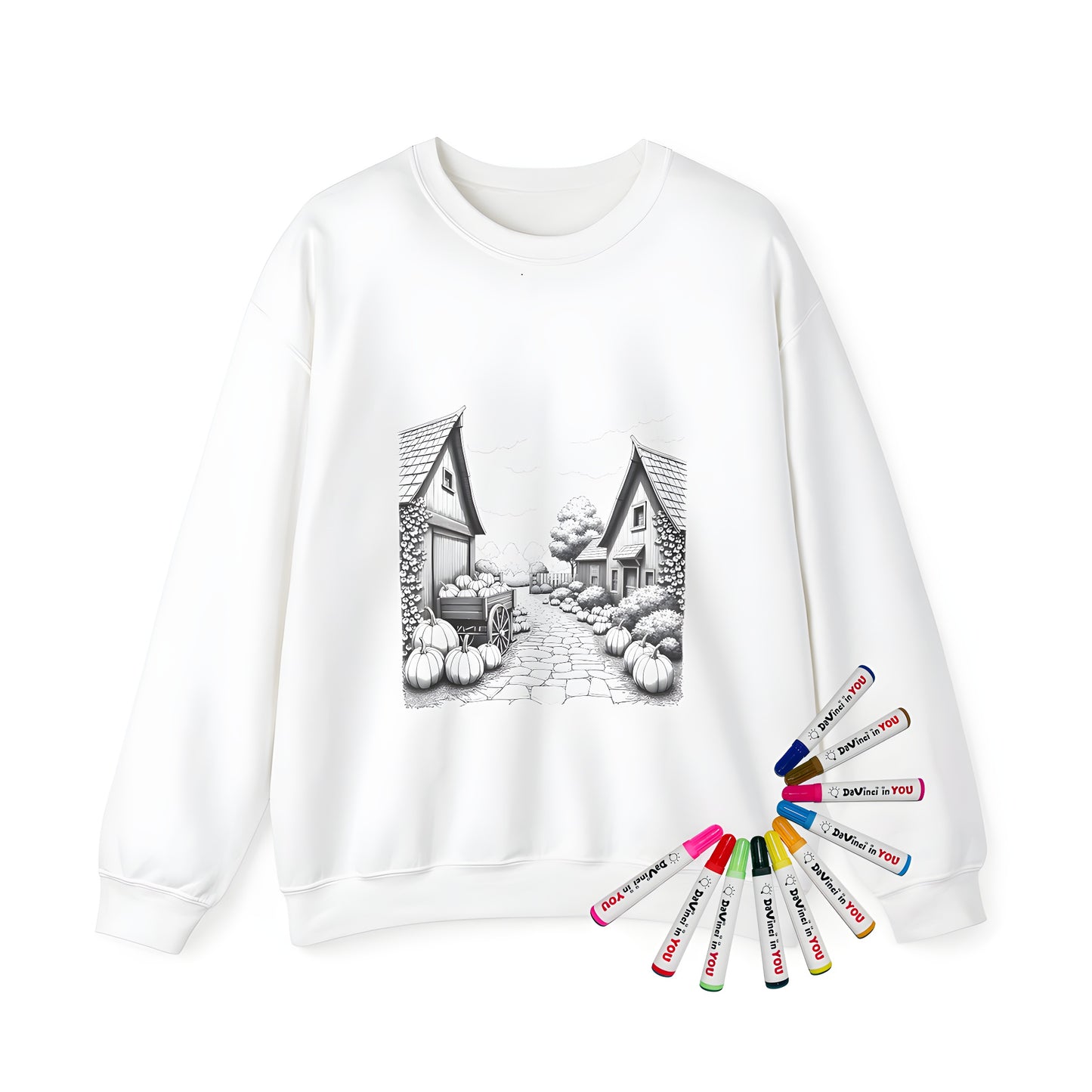 Adult sweatshirt featuring a picturesque rural scene with pumpkins, stone paths and rustic cottages - cozy autumnal design